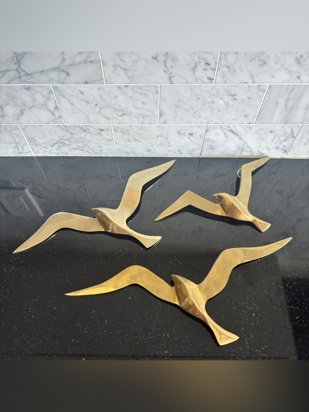 Vintage Trio of MCM Abstract Brass Seagulls, Birds in Flight Wall Hangings